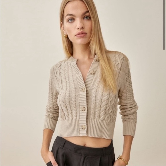 Reformation Foret Cable Knit Cardigan Sweater Cotton Long Sleeve Cream Oatmeal - Picture 1 of 12